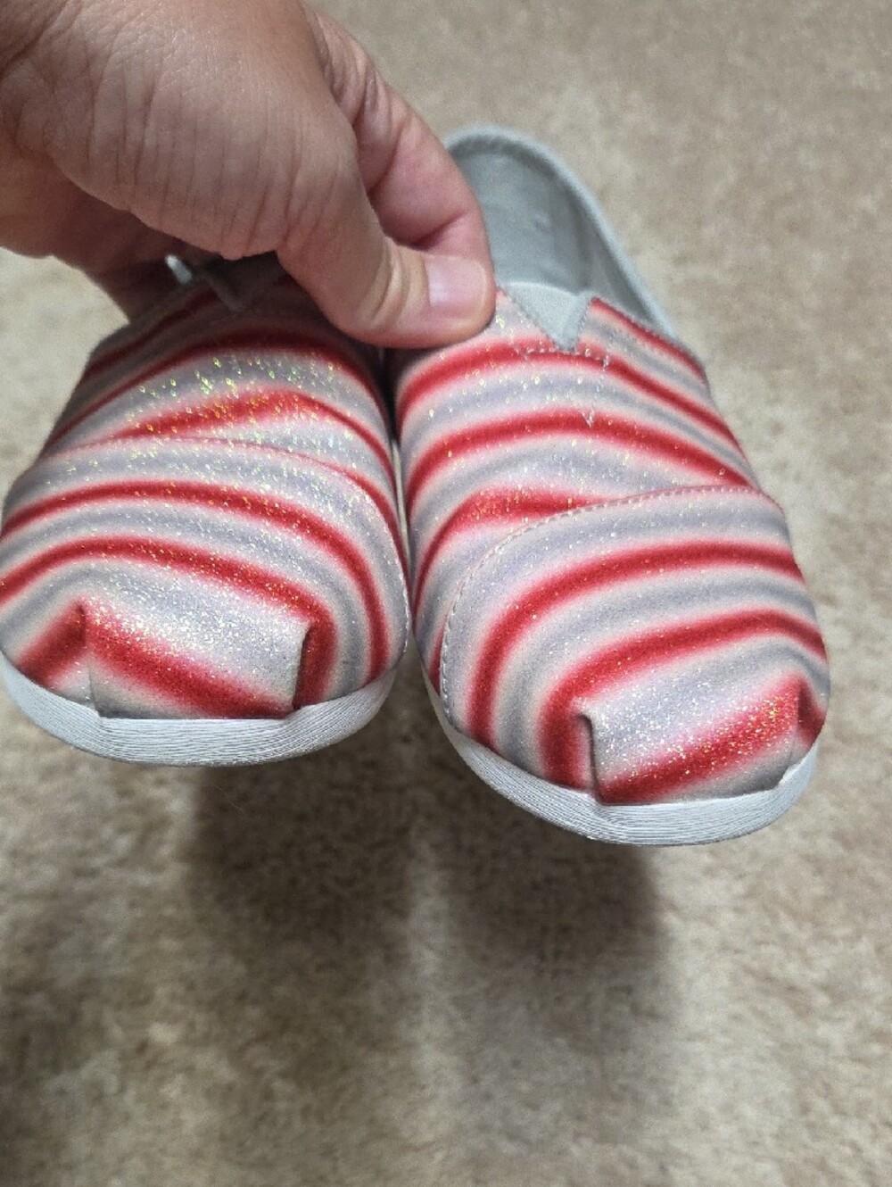 TOMS Striped Slip-On Flats in Red and Silver Glitter - Picture 2 of 6